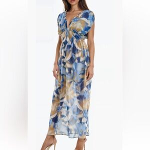 NWT maxi dress blue tan chiffon overlay high empire waist deep plunge flowy